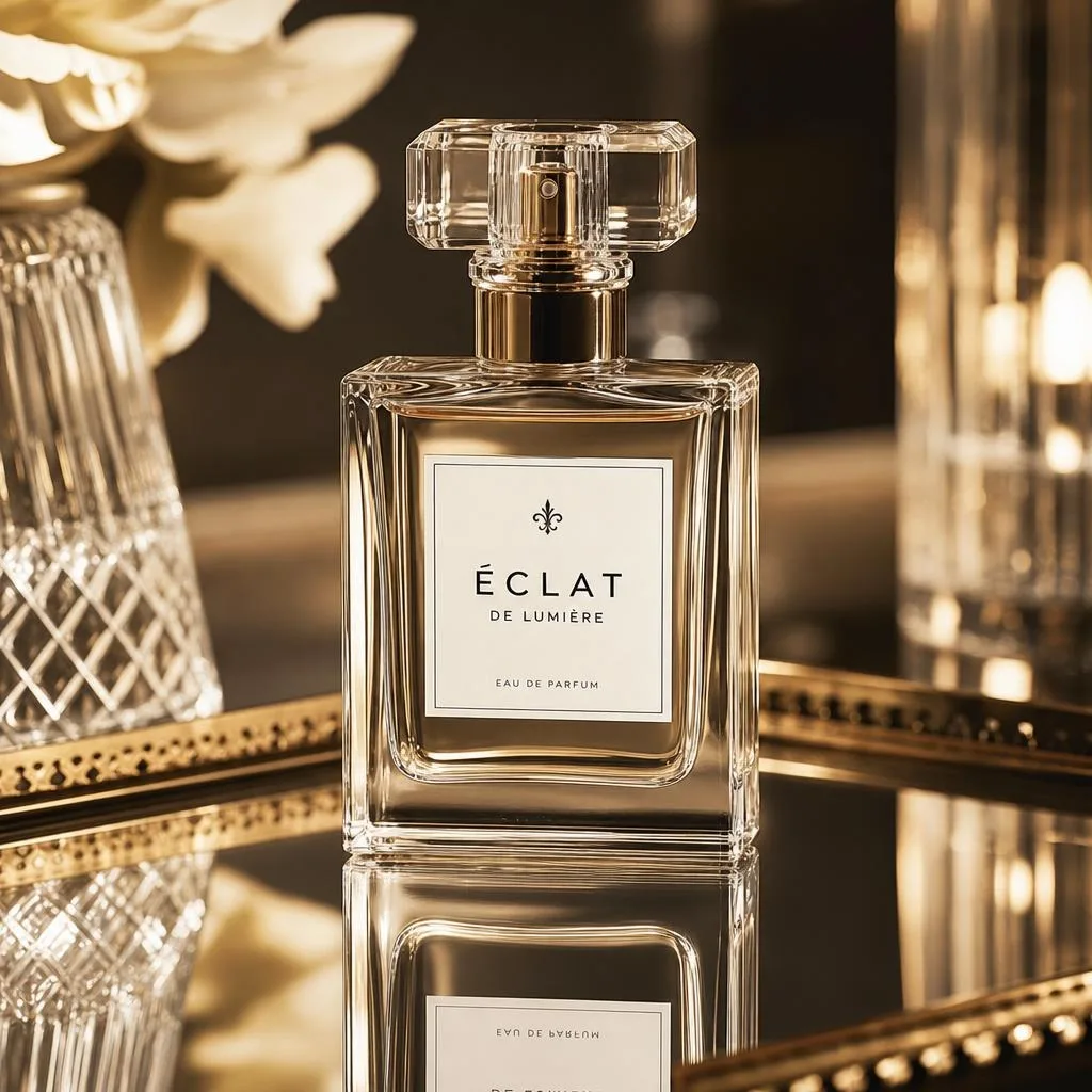 پرامپت تصویر تبلیغاتی شیشه‌ی عطر لوکس روی سطح منعکس‌کننده